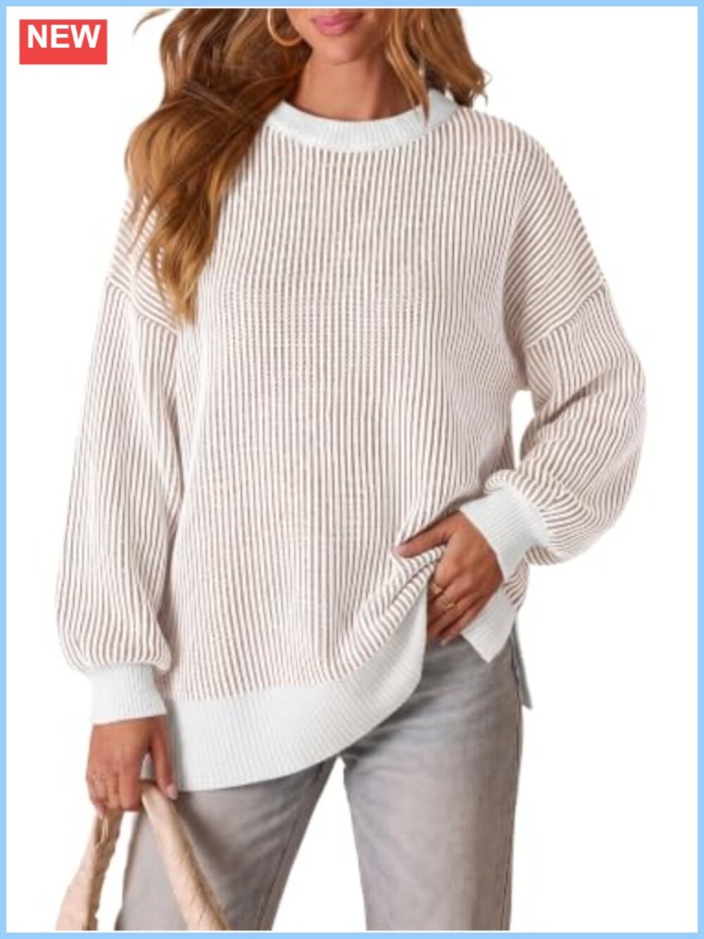 Oversized Striped Knit Pullover Sweater - Crew Neck Batwing Sleeve Fall Winter